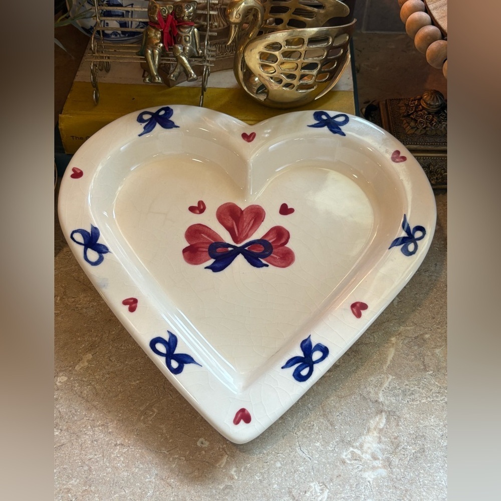 Heart-Shaped Ceramic Platter with Red and Blue Accents